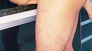 wife fucks blonde in kitchen, cums inside