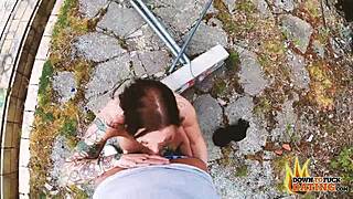 dtfdating app, tattooed brunette milf gets fucked outdoors in doggy pov