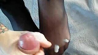 oily handjob leads to hot creampie on nylon toes. milf and teen action with monster cock.