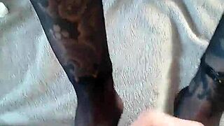 oily handjob leads to hot creampie on nylon toes. milf and teen action with monster cock.