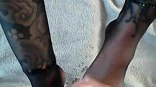 oily handjob leads to hot creampie on nylon toes. milf and teen action with monster cock.