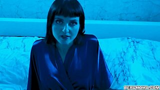 Horny brunette stepmom teases her stepson's big cock then bends over for doggystyle pussy fucking.