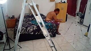 Horny guy and redhead Stella climb the stairs