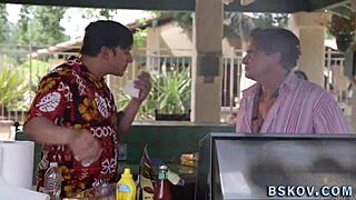 Busty milf with tattooed tits gets feet worshipped and deepthroat cum in mouth