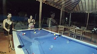 Big breasted Latinas having fun with sex toys while having a lesbian session on a pool table