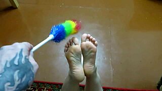 Mature couple wax and tickling foot fetish play