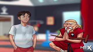 in summertimesaga, a big cucumber fucks a mature woman in the kitchen with blowjob and uncensored hentai action. the scene builds to intense fucking.