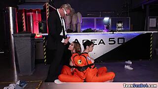 two busty milfs with big tits and ass versus horny scientist in group threesome fantasy