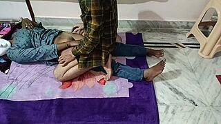 Indian housewife in bedroom with husband and friend