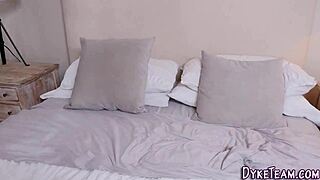 Look at this cute teen with small tits getting strapon fucked hard!