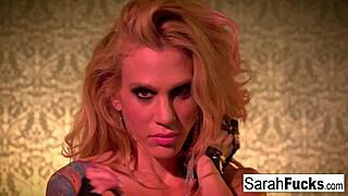Milf Sarah Jessie in sensual scene wearing gloves for her performance
