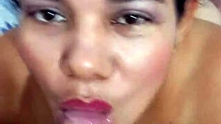 Big tits wife strips, sucks my dick and swallows to deep throat