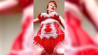 Redhead masturbates shaved pussy tits stockings shoes up close personal