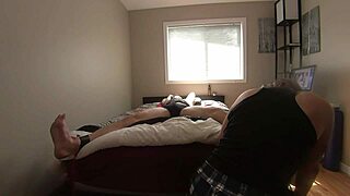 In part one, mature woman pleasures her bound boyfriend's feet and penis