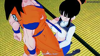 Two animado Dragon Ball Z characters chew up three mature women in some steamy threesome action