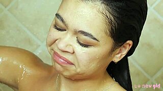 Super cute brunette teen 18+ enjoys hot shower massage
