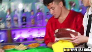 Hot blonde chats with football fans casually