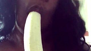 Ebony Woman Deepthroats Banana with Gagging and Choking