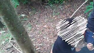 naughty couple fucks outdoors in the woods interracial