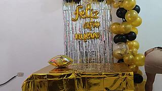 hot busty executive with shaved pussy fantasizes about sex at new year work party