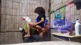 Beautiful asian girl has christmas adventure with pizza boy in old house