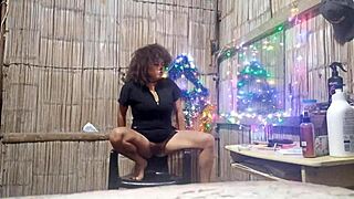 Beautiful asian girl has christmas adventure with pizza boy in old house