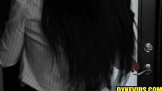 A young lesbian teen entices her friend's stepmom with tribbing and licking.