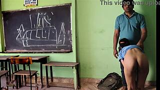 Uniformed schoolgirls caught in the act in the classroom