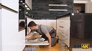 European MILF seduces handyman for free kitchen work
