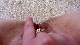 Hairy pussy squirts while being fingered and fucked in POV