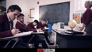 Busty teacher gets gang banged by four students on camera