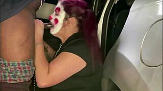 A white girl with chubby cheeks gets a rough sexual experience while dressed as a clown