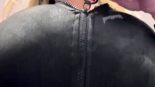 Milf's juicy big natural tits burst out elastic leather