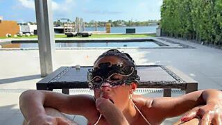 Latina milf gives oiled blowjob by the pool in pov