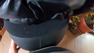 Hot milf's cum stains on black leather pants and boots
