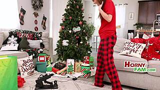 Stepmom and stepsis unwrap a naughty white Christmas threesome surprise