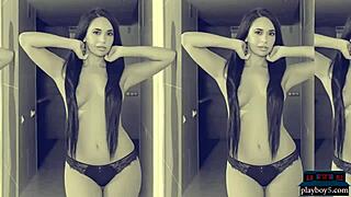 Busty Brunette Milf Strips Naked And Shows Off