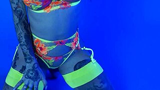 petite busty milf joanna angel slips out of her colorful neon lingerie, undressing slowly with tits exposed? ready for more.