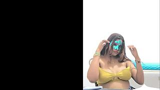 brunette student touches her breasts in a sexy way before exams