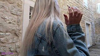 A romantic walk with a vibrator in the pussy using a remote control