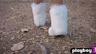 Attractive big tits babe teases with sexy striptease outdoors