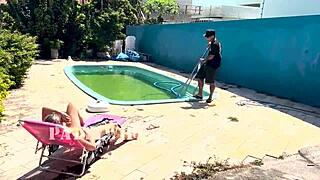 Blonde milf waits for husband to leave, fucks pool cleaner in sheer outfit.