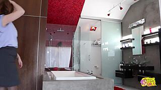 busty lesbian joins brunette in shower for hot seduction and scissoring