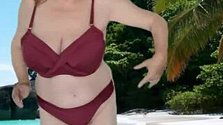 Mature grandmother teases in bikini showing her natural big tits