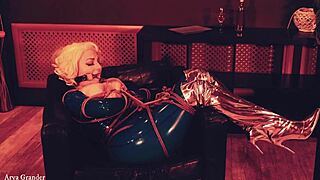 The hot latex lady Arya Grander plays with shiny costumes and bondage