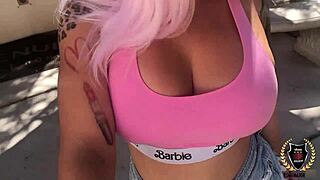 curvy barbi's pink hair gets cum after deepthroat and riding rome major's big cock