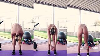 Glasses blonde MILF is very hot and loves to exercise regularly