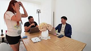 Horny milf fucks two students doggystyle.