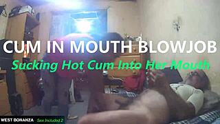 Cum in mouth blowjob - sucking hot cum into her mouth 😏