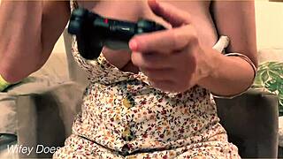 Wife exposes shaved pussy without panties